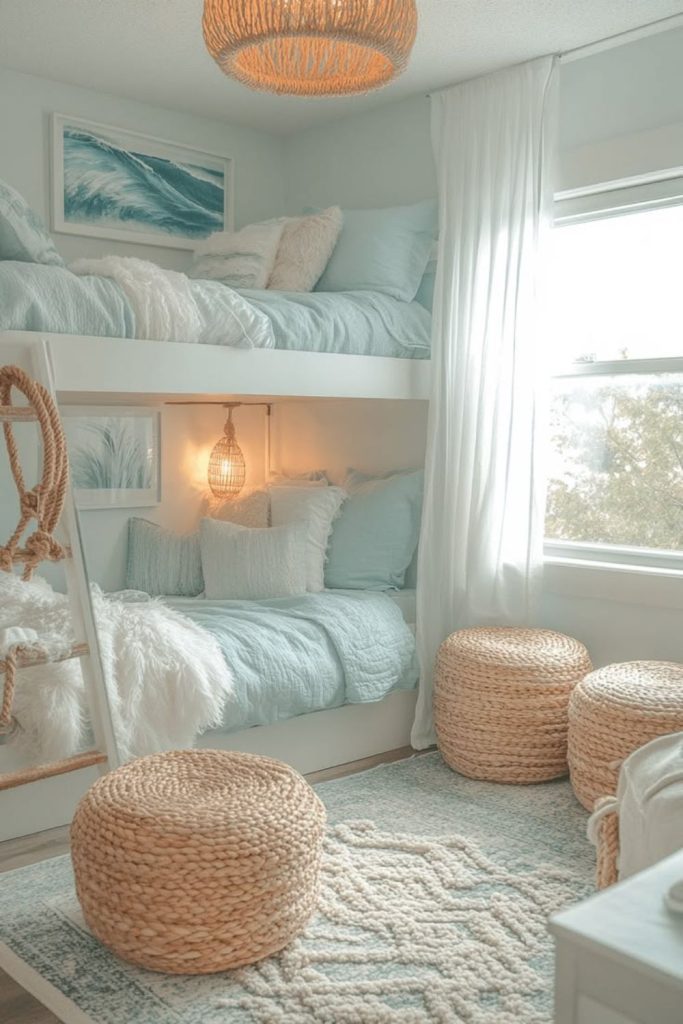 Coastal dorm with soft blue accents.