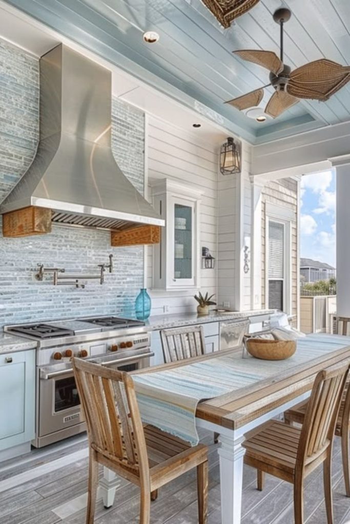 Coastal driftwood covered outdoor kitchen space.