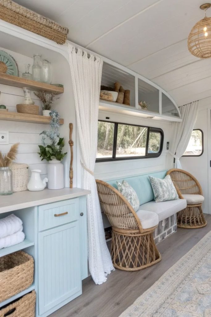 Elegant coastal camper with ivory decor.