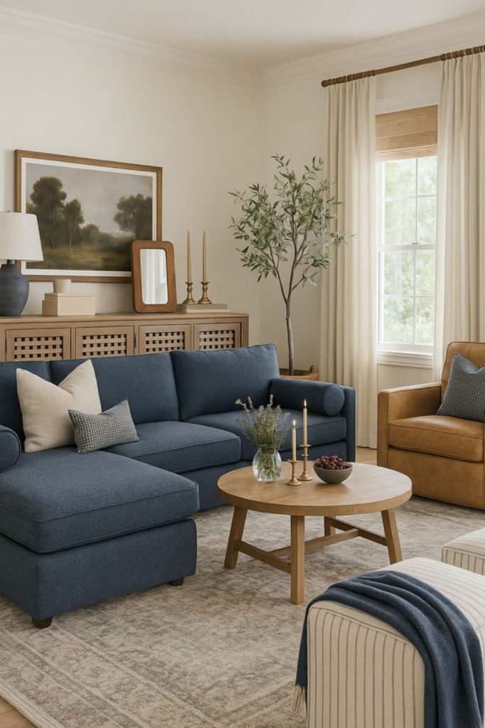 Coastal transitional room with blue accents.
