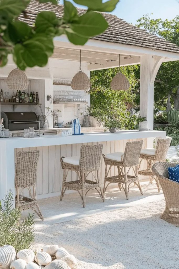 White pavilion outdoor kitchen with coastal charm.