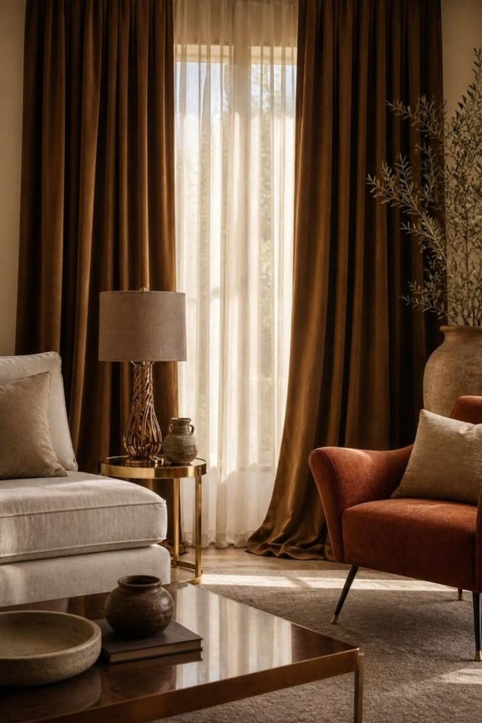 Deep brown curtains warm cozy comfort