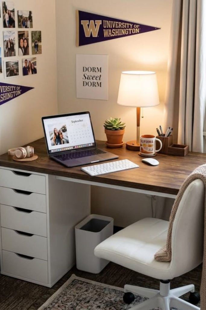 Coffeehouse-inspired cozy dorm workspace.