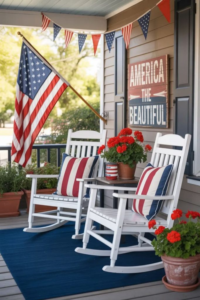 Colonial style flagstone porch with lantern glow and elegant patriotic floral decor