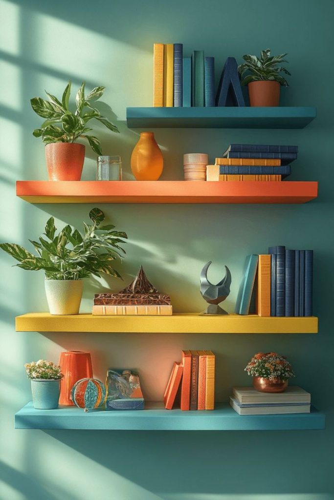 Color block shelf styling arrangement.