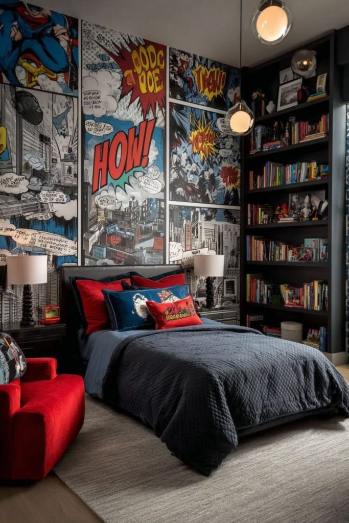 Comic-themed dorm displaying superhero collectibles.