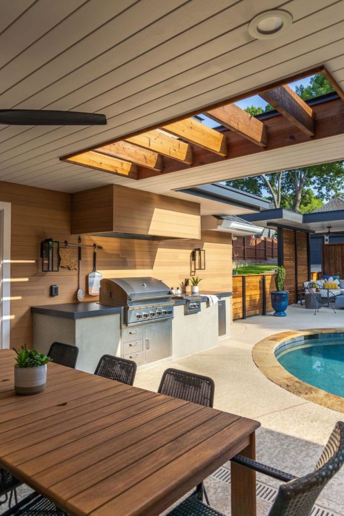 Contemporary cedar cube outdoor kitchen design.