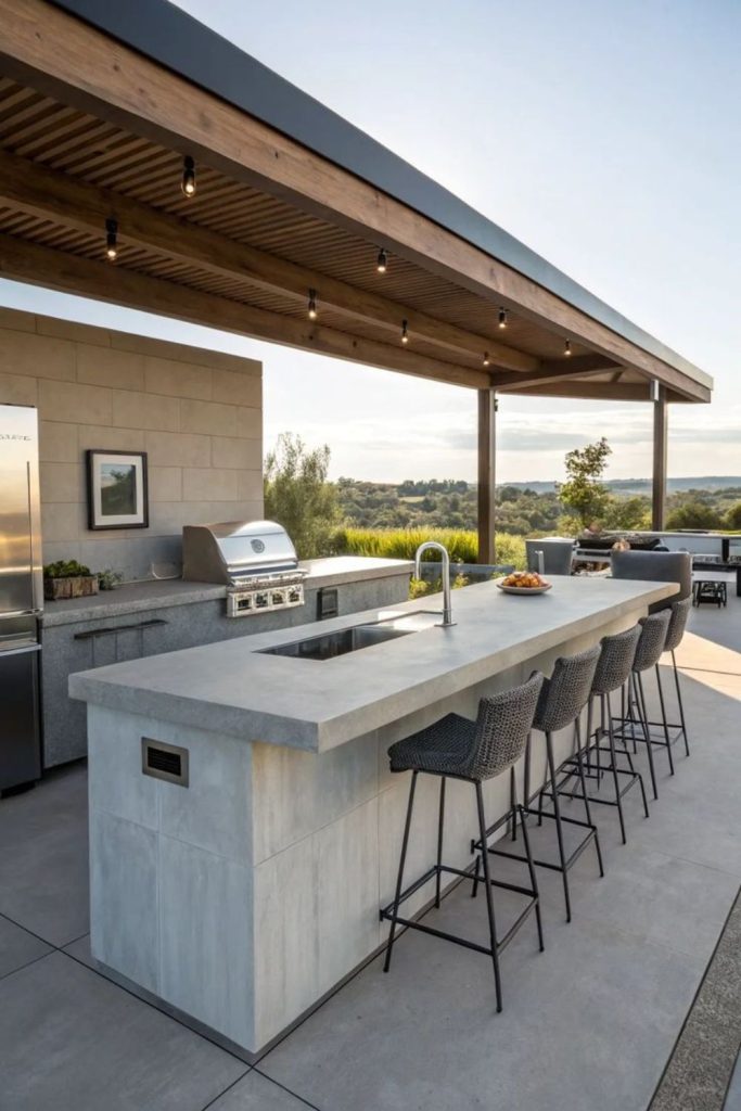 Contemporary concrete covered outdoor kitchen layout.