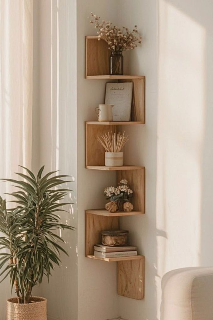 Corner cascading shelves with decor.