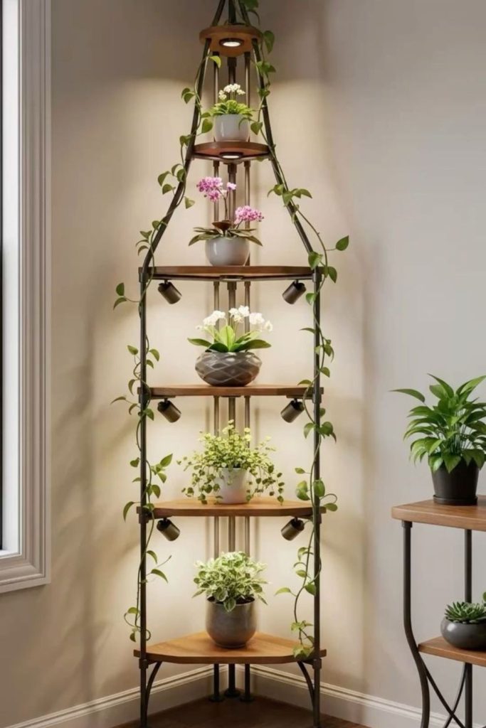 Corner triangle shelf plant display.
