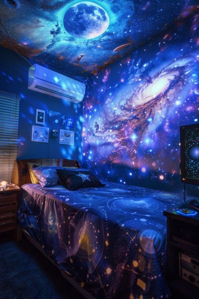 Galaxy-themed dorm with starry lighting.