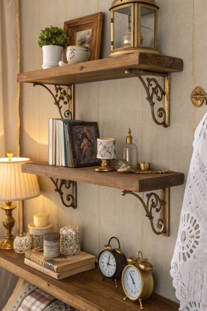Cottagecore treasures styled on shelves.