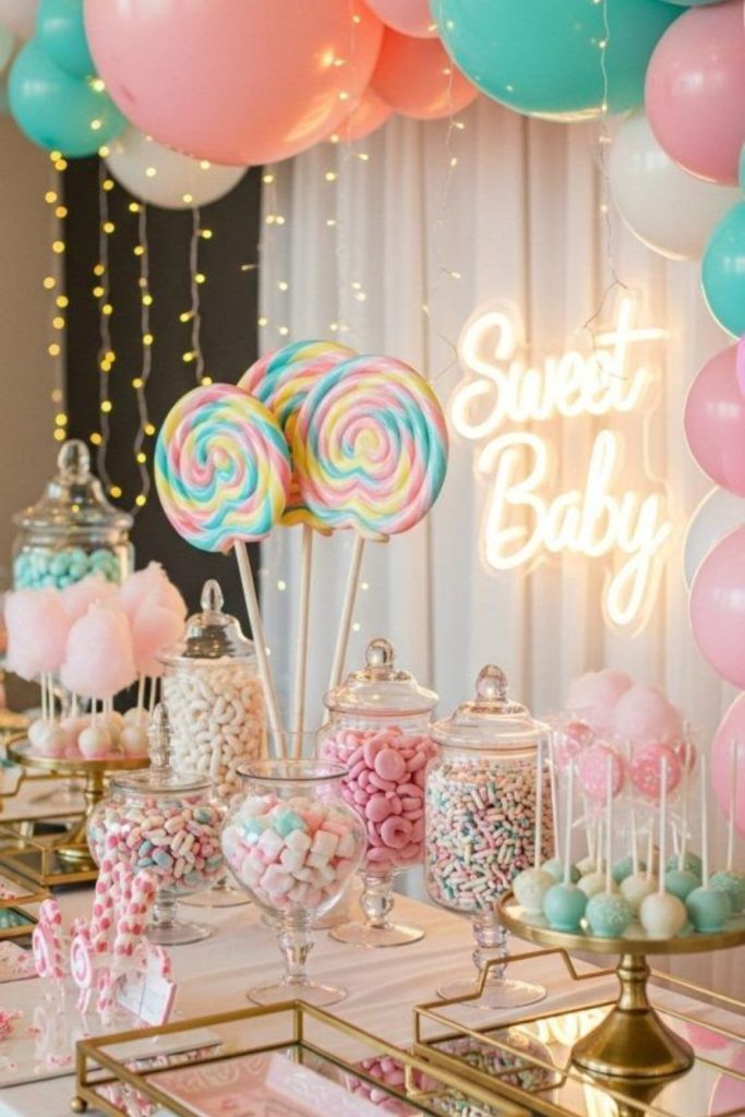 Cotton candy baby shower pastel decor.