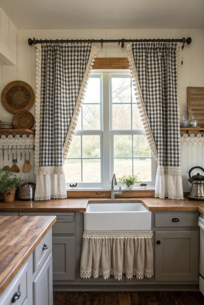Gingham farmhouse kitchen curtains cozy pattern style