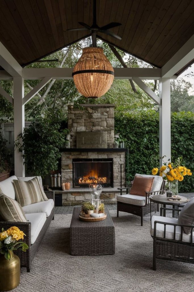 Courtyard firelight pavilion with warm ambiance