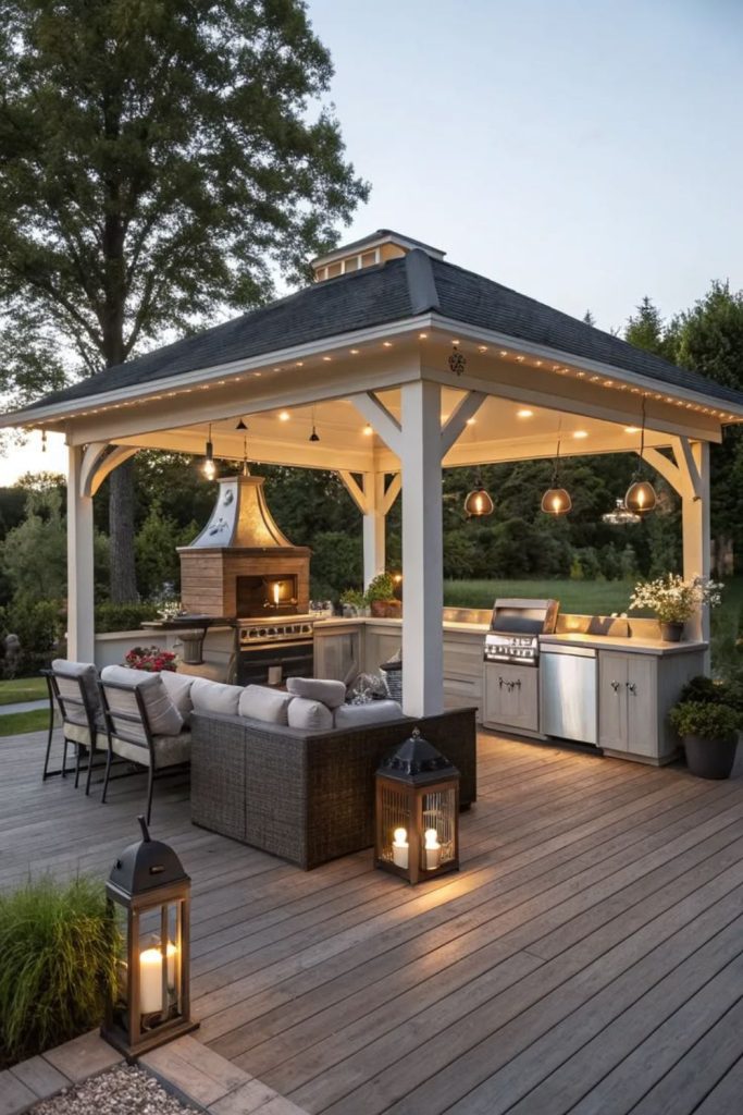 Fireplace pavilion covered outdoor kitchen retreat.