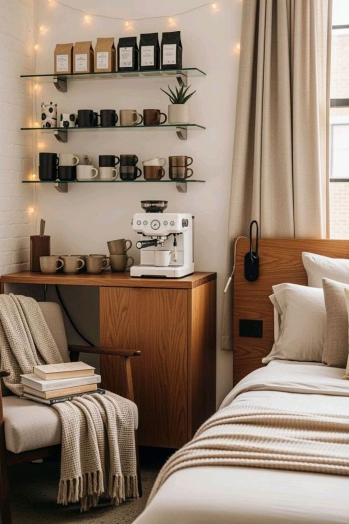 Coffeehouse-inspired dorm with warm cozy ambiance.