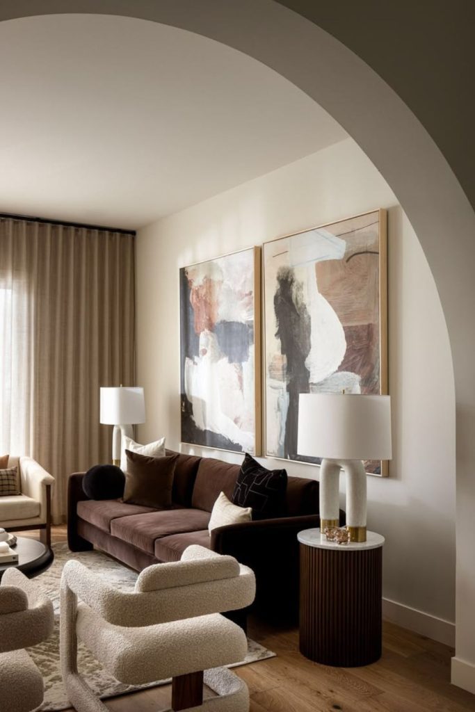 Cream and cocoa transitional living room.