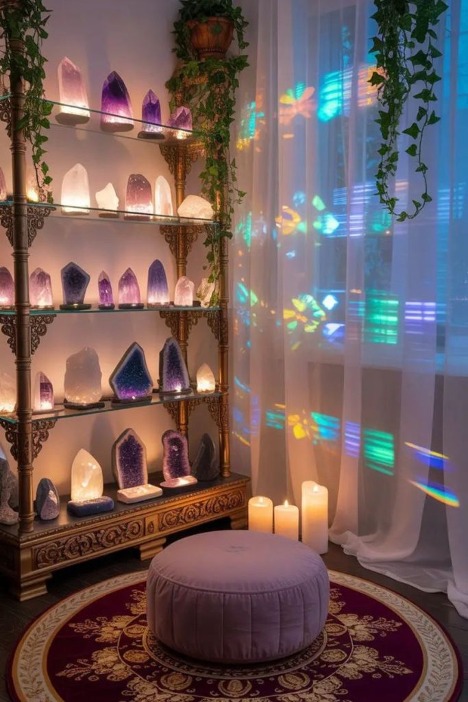 Crystal fairy sanctuary with shimmering reflections.