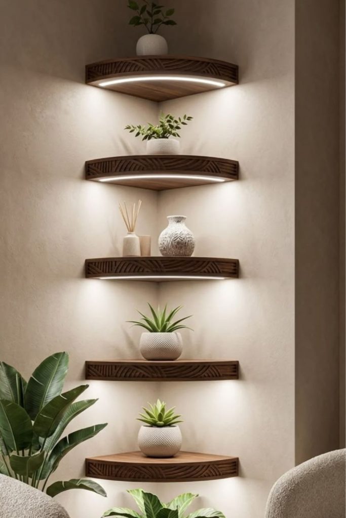 Crystal accents reflecting shelf light.