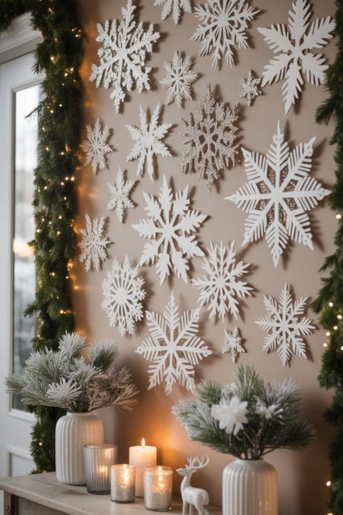 Sparkling crystal snowflakes wall decoration display.