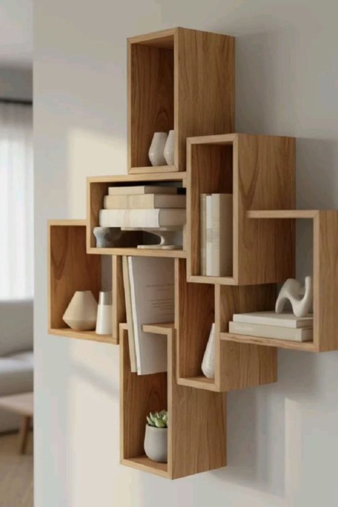 Stacked cube wall shelf display.