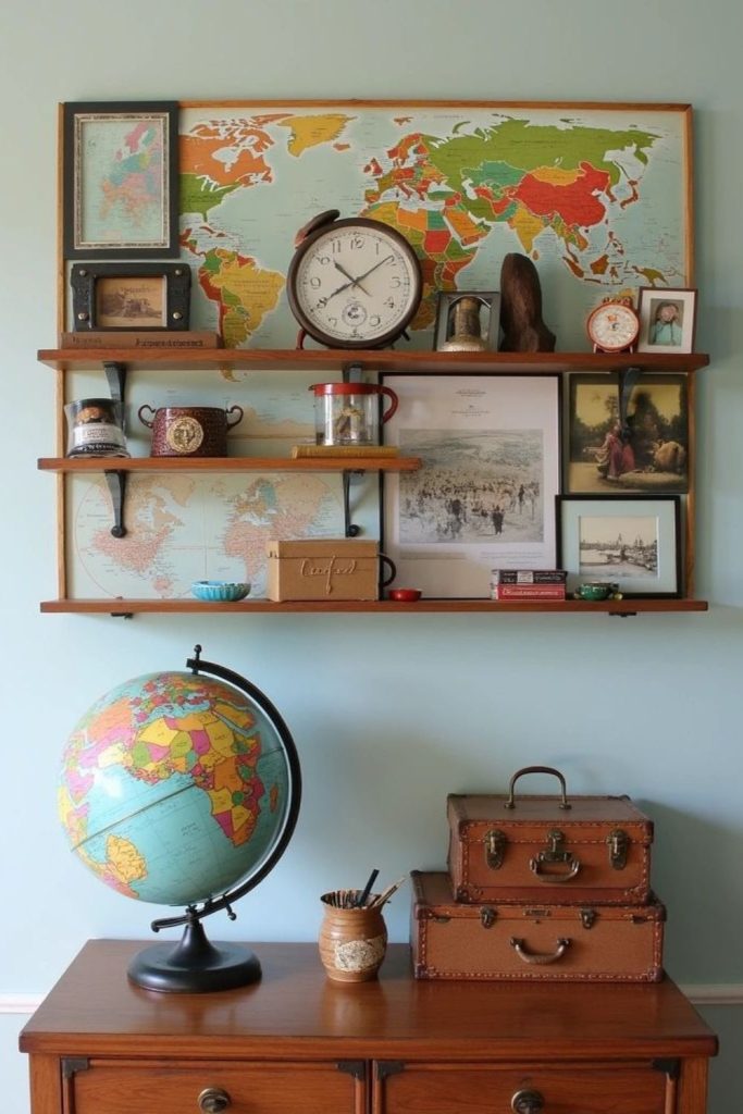 Travel souvenirs styled on shelves.