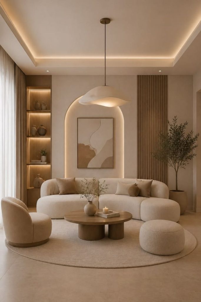 Curved furniture inside elegant neutral lounge.