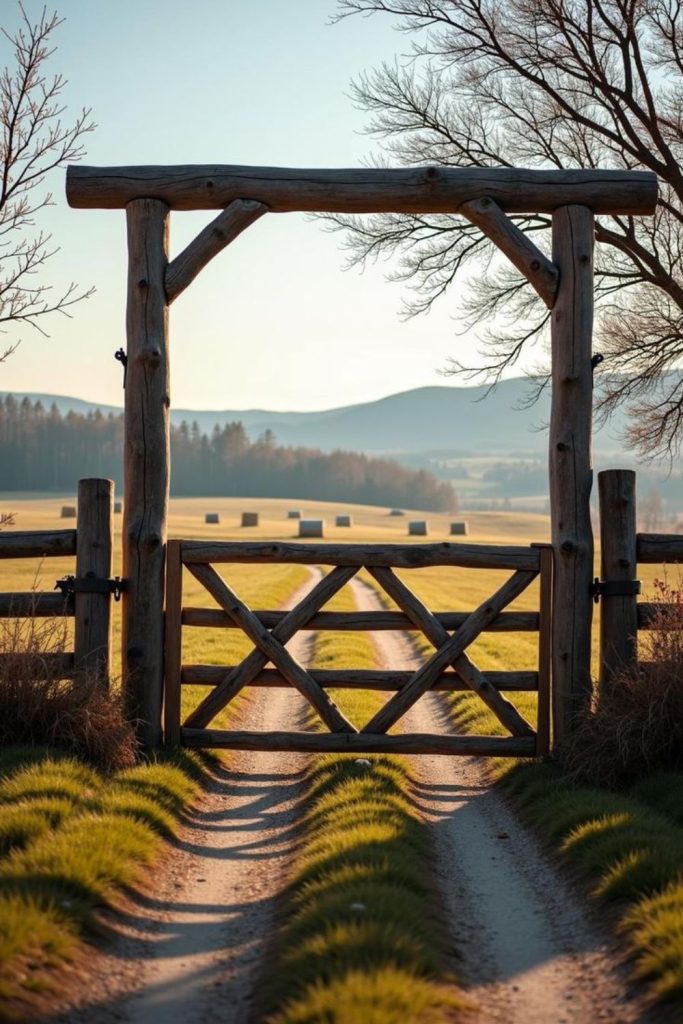 Curved top wooden rural entrance gate