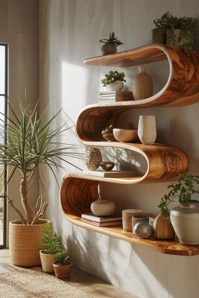 Curved wooden wave style plant shelf