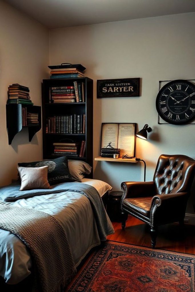 Dark academia dorm with vintage books.