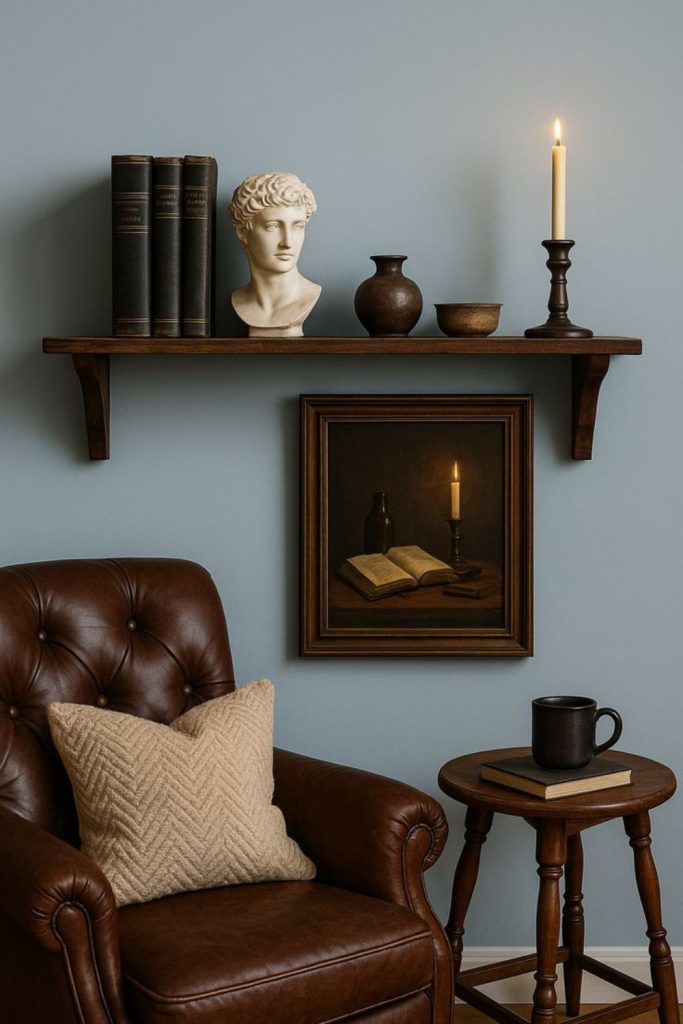 Dark academia inspired shelf decor.