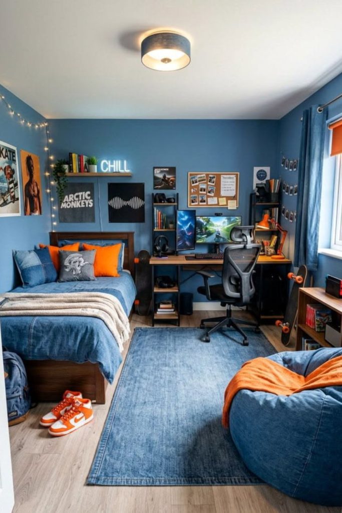Denim-themed teen bedroom with posters.