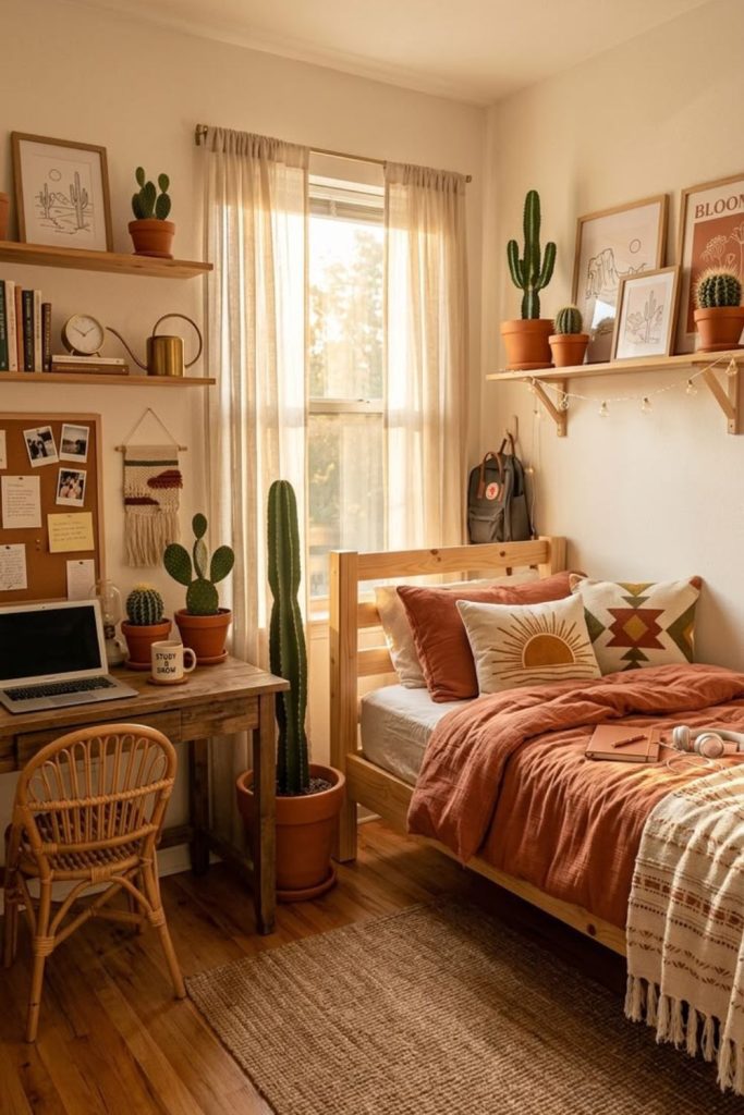 Boho dorm featuring earthy desert decor.