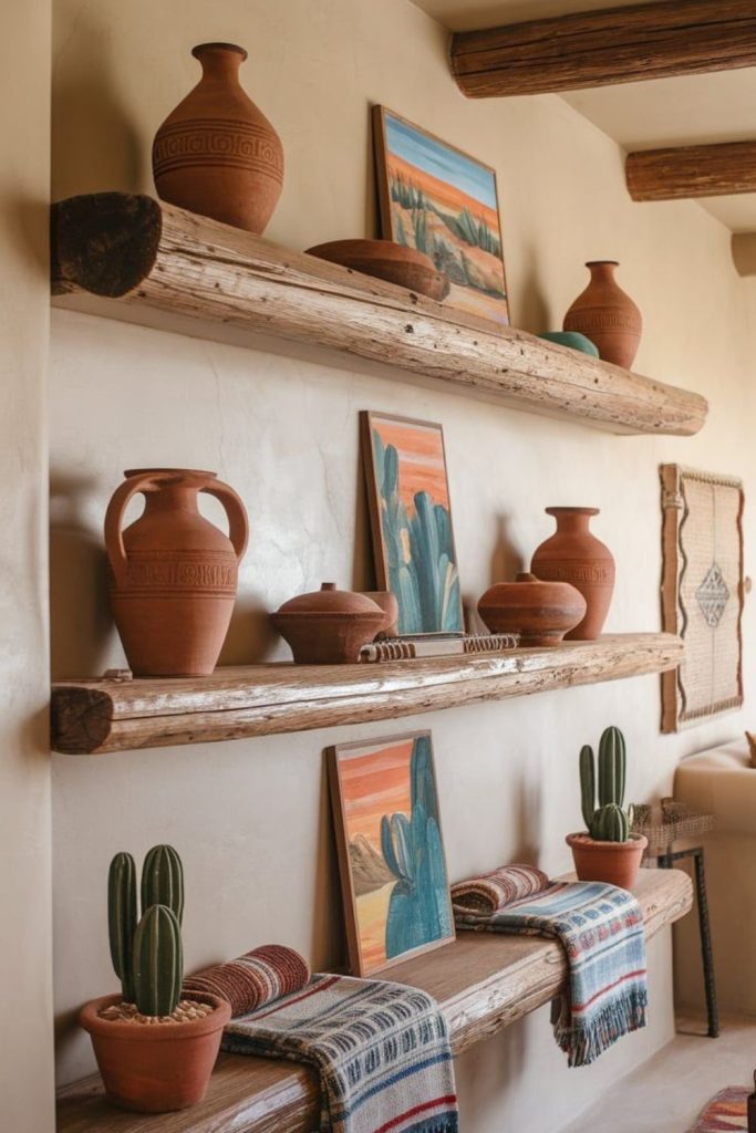 Desert ceramics with succulent shelf decor.