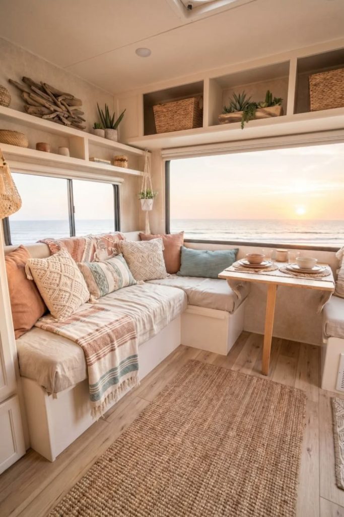 Desert-inspired camper interior with terracotta details.