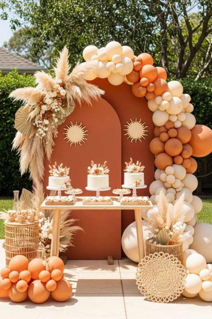 Desert sunset boho baby shower decor.