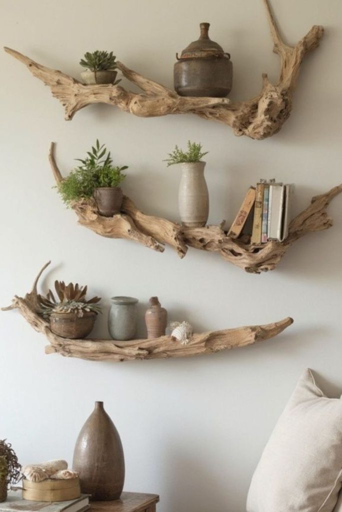 Coastal driftwood rustic plant shelf decor