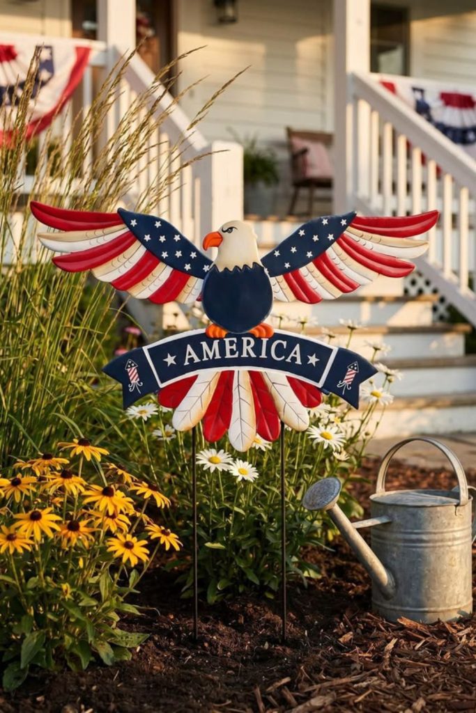 Porch with eagle decor patriotic bunting and bold floral red accent planters