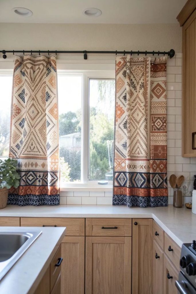 Tribal earth tone kitchen curtains cultural pattern