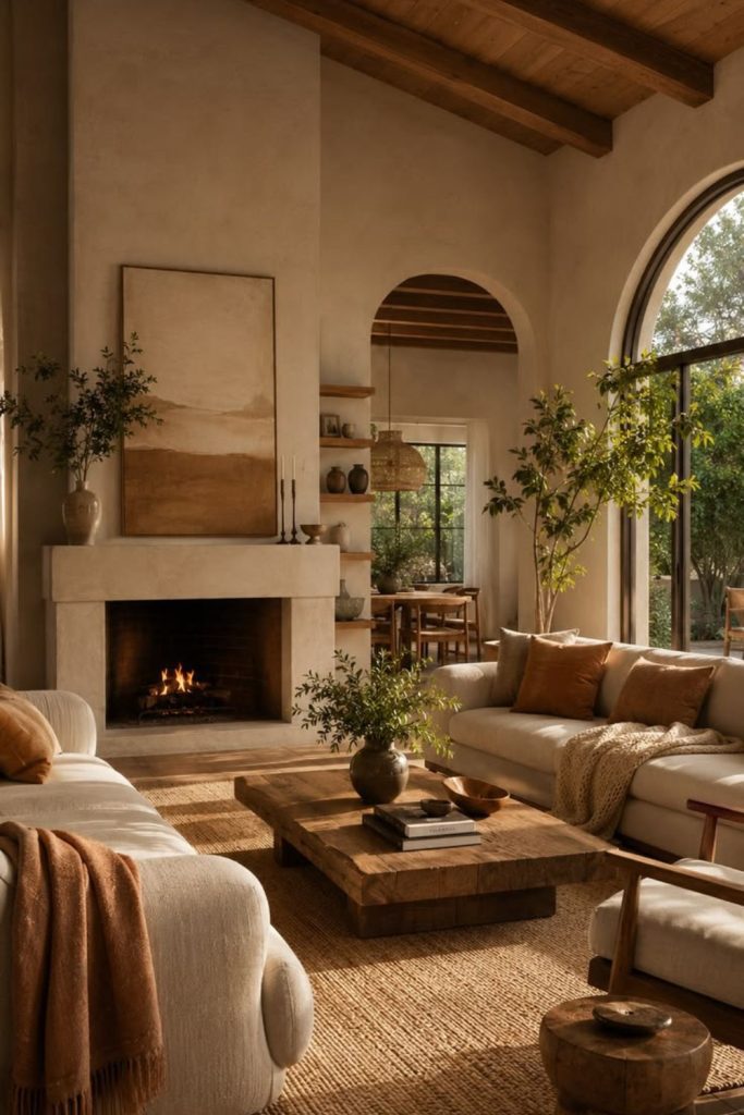 Earthy living room with brass finishes.