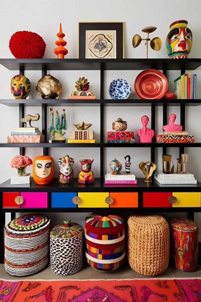 Eclectic mixed decor shelf arrangement.
