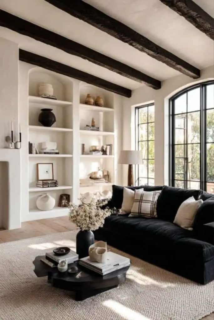 Cream room with black accent decor.