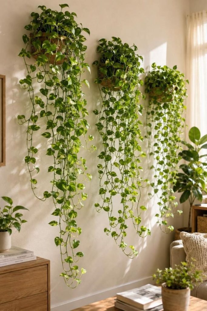 Golden pothos cascading from hanging basket.