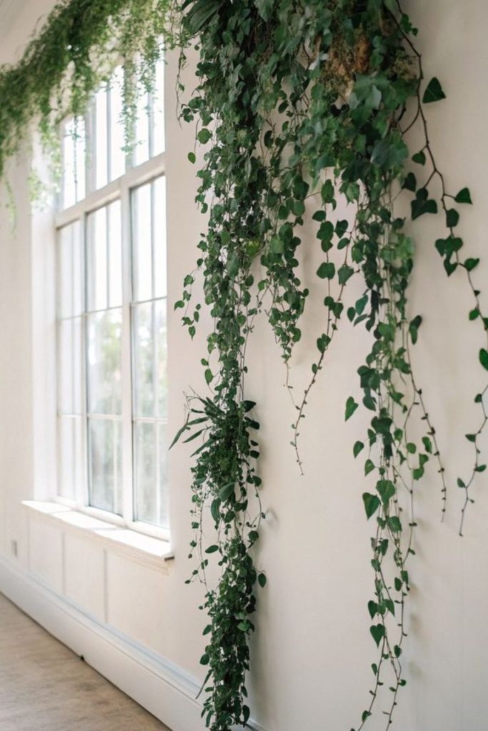 Creeping fig forming lush green curtain.