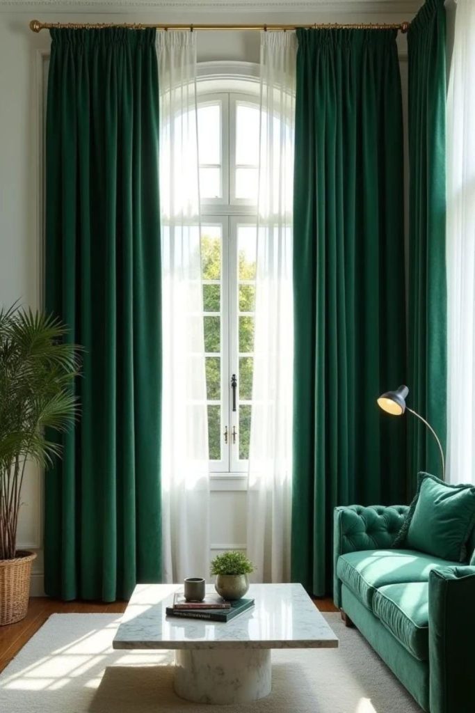 Deep green curtains luxurious royal elegance