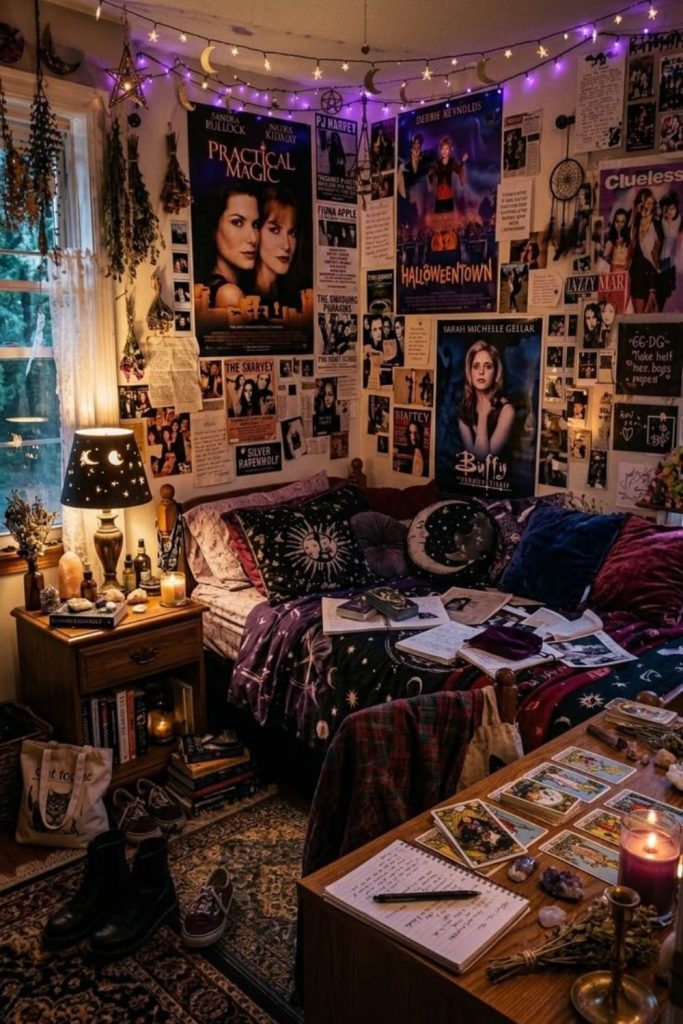 Emo-inspired bedroom with dark decor.