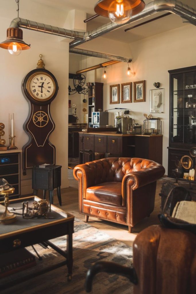 Vintage clockwork loft with brass details.
