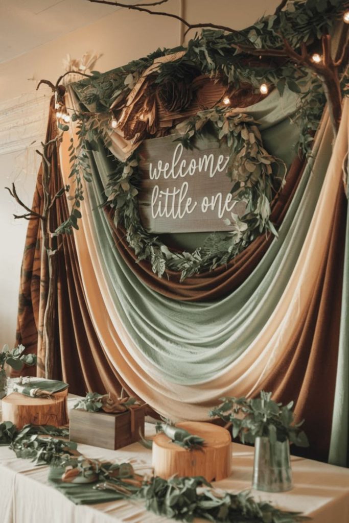 Enchanted woodland baby shower party setting.