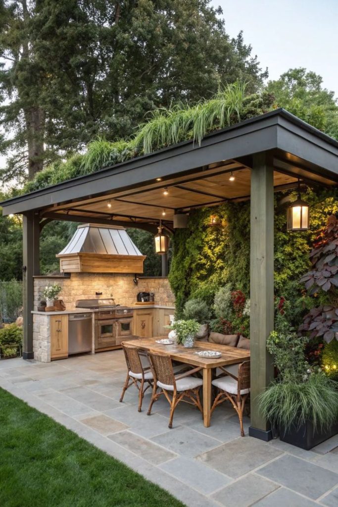 Forest surrounded covered outdoor kitchen retreat.